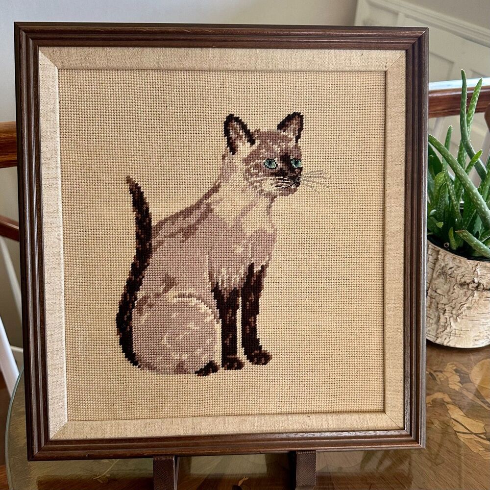 Vintage Siamese Cat Petit Point Needlepoint – Framed 1970s Handmade Textile Wall